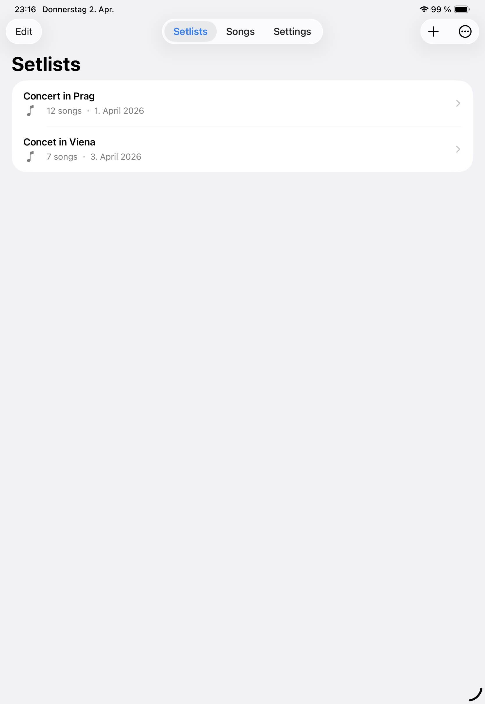 Setlist manager — ordered songs for a gig