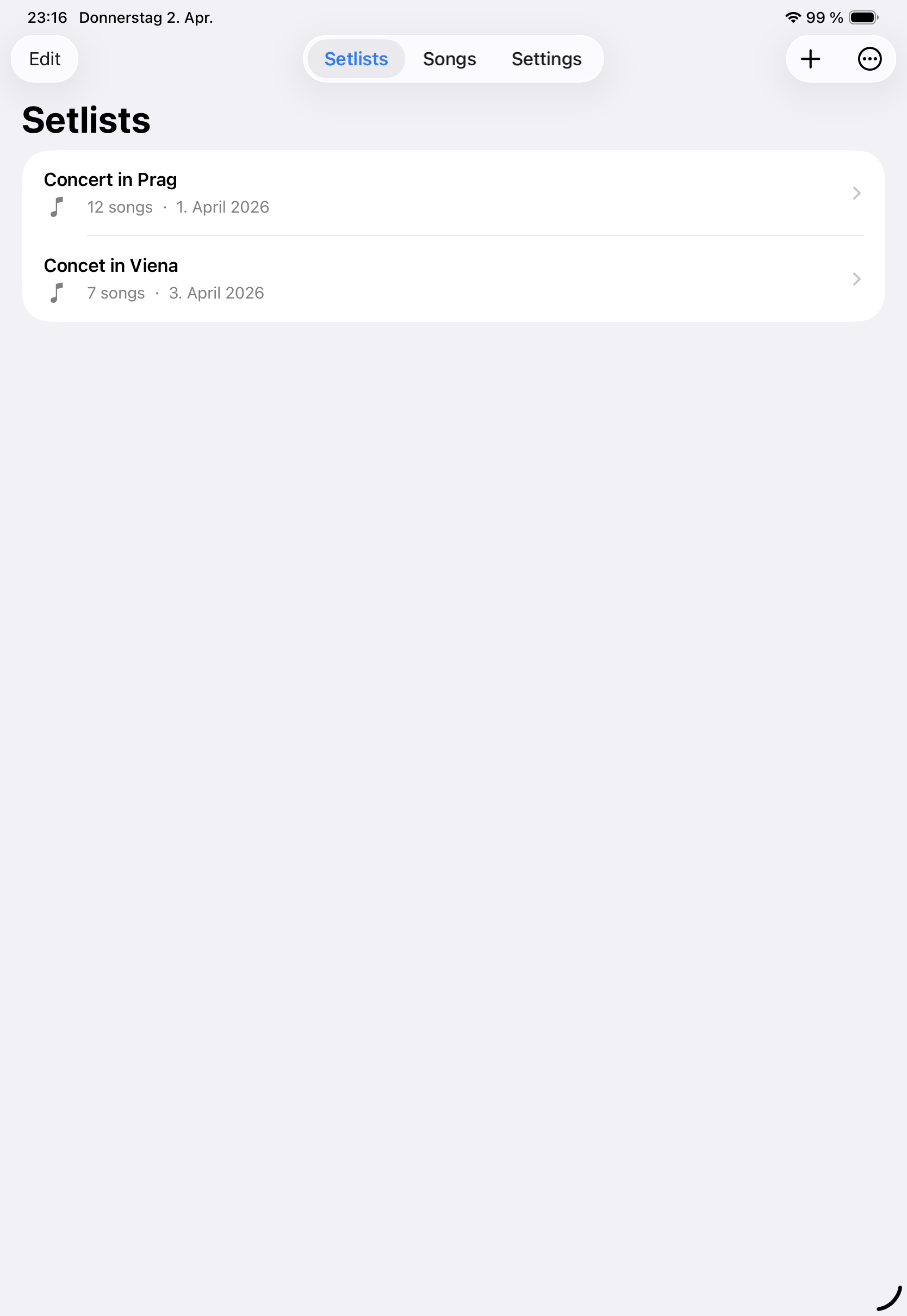 Setlist manager — ordered songs for a gig