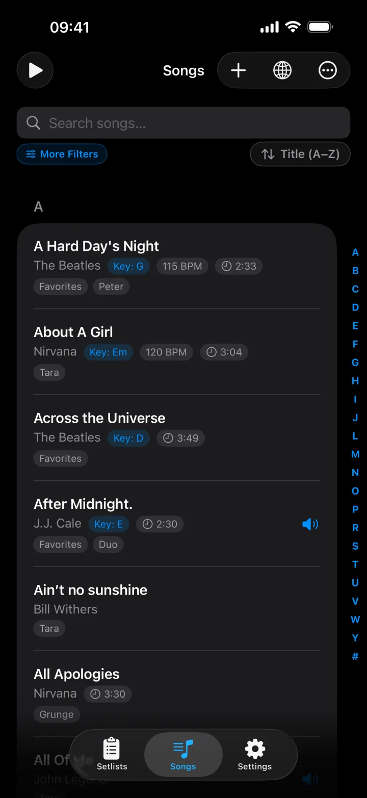 The song library with keys, BPM, lengths and labels, and an A–Z index