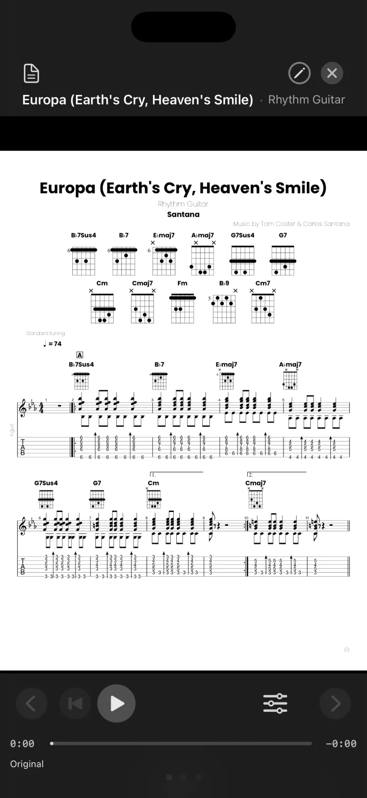 Sheet music for Europa with chord diagrams and tablature in performance mode