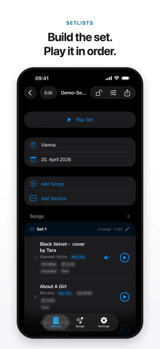 Setlists — build the set, play it in order